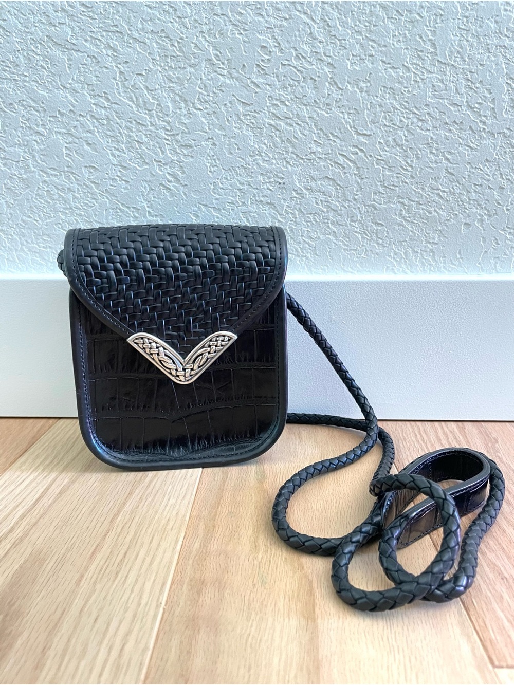 Vintage Mini Brighton Black Woven Leather Crossbody Bag Silver Western Accent